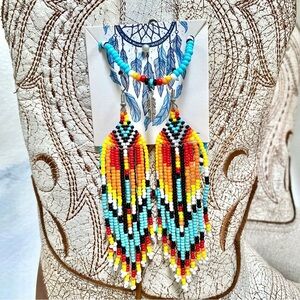 Native vibe set beaded boho necklace w feather & matching beaded fringe earrings